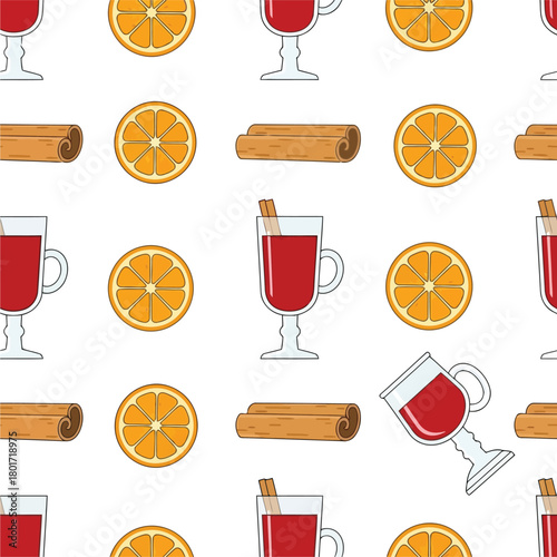 Seamless pattern of mulled wine glasses orange slices and cinnamon sticks