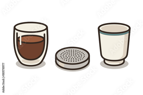 Isometric icons of espresso glass and coffee filter components