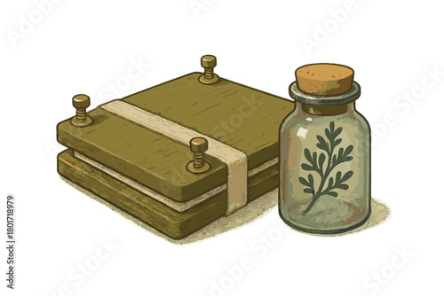Isometric wooden herbarium press and botanical specimen jar with cork