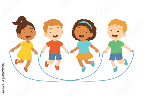 Diverse group of happy children jumping rope outdoors symbolizing friendship