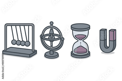 Physics demonstration equipment featuring Newton's cradle, gyroscope, hourglass, and magnet