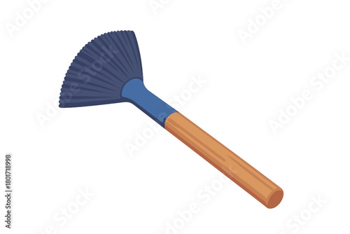 Fan shaped makeup brush with blue bristles and wooden handle