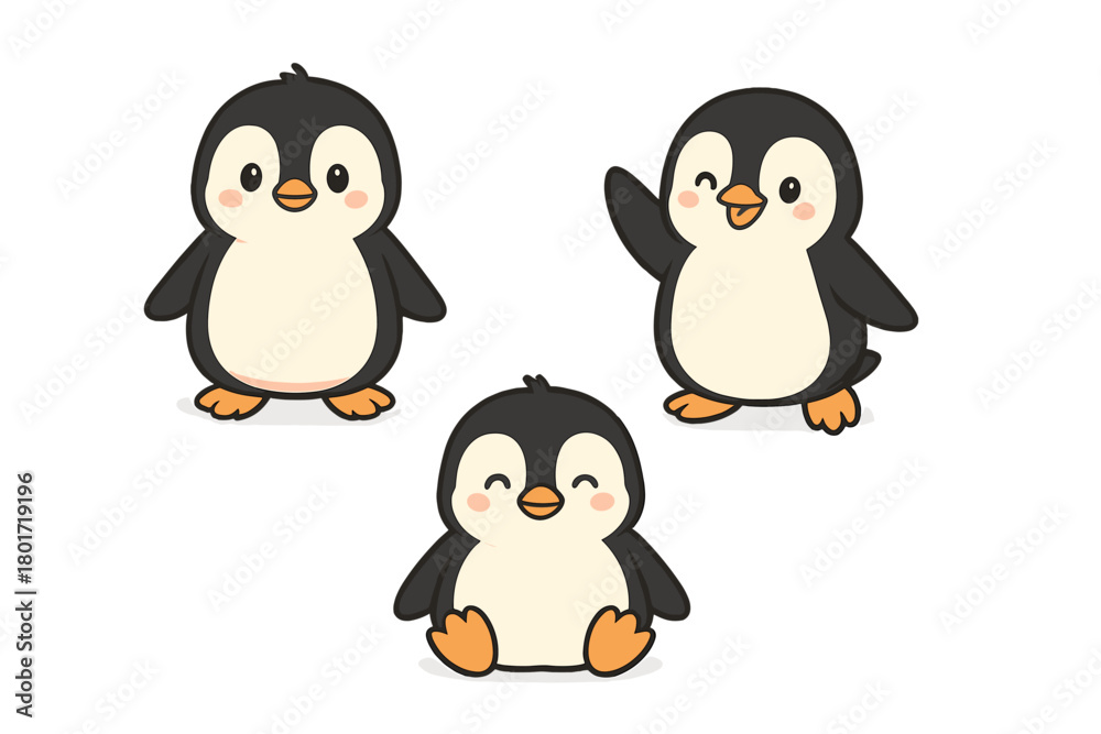 Obraz premium Three cute cartoon baby penguins in various poses and expressions