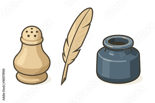 Feather quill inkwell and salt shaker set isolated on white background