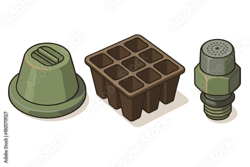 Gardening supplies isometric icons featuring seed starting tray and irrigation nozzles