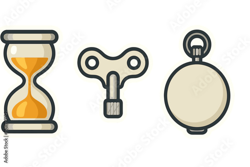 Hourglass sand timer windup key and pocket watch icons set