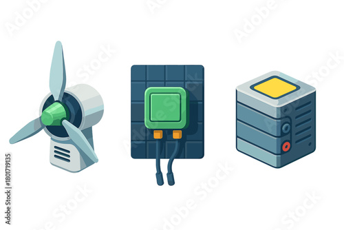 Isometric icons for renewable energy sources including wind turbine, solar panel, and battery