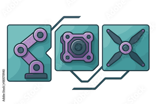 Mechanical arm segment camera and drone propeller icons for automation