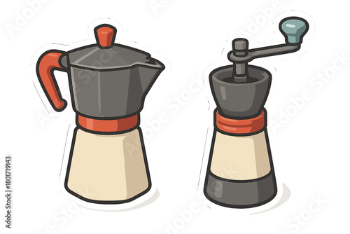 Moka pot and manual coffee grinder icons for beverage preparation