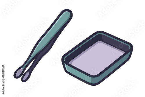 Isometric set of pointed tweezers and small rectangular tray icon
