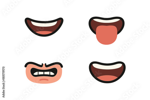 Four expressive cartoon mouth shapes showing different emotions and actions