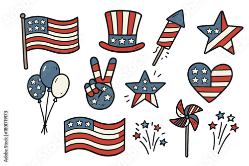 Set of patriotic American holiday icons featuring flags and celebration elements