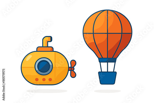 Yellow submarine and orange hot air balloon icons side by side