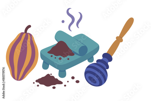 Traditional chocolate making tools and ingredients featuring cacao pod, metate, molinillo, and cocoa powder