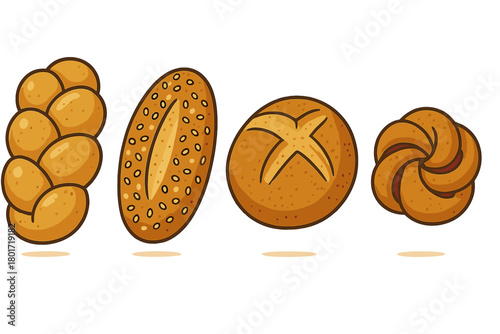 Assortment of baked bread rolls and braided pastry icons