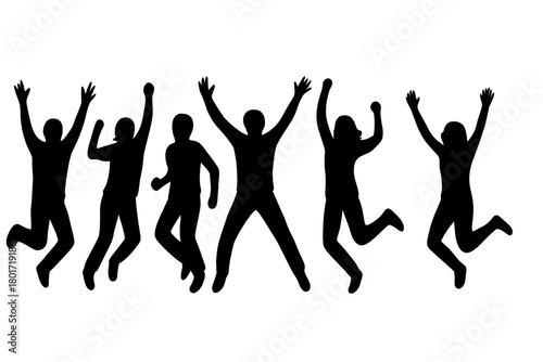 Silhouettes of diverse people jumping high with arms raised in celebration