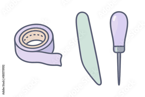 Set of sewing and crafting tools stickers featuring tape measure and awl