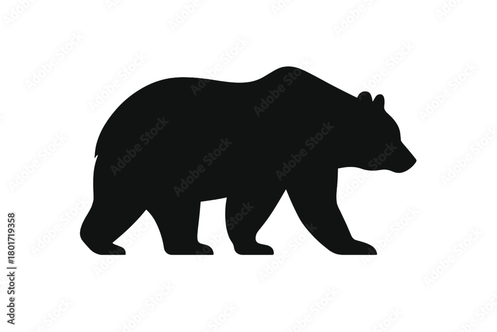Fototapeta premium Black silhouette of a walking bear in side profile on white background