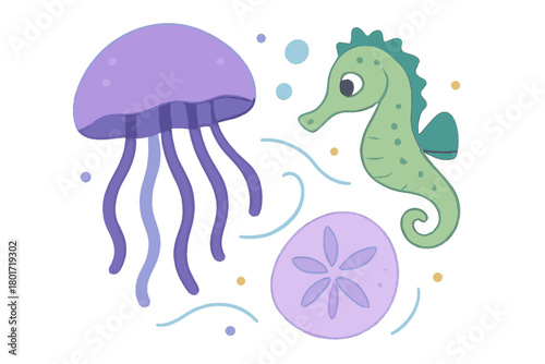 Charming collection of stylized sea creatures including jellyfish seahorse and sand dollar