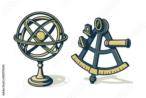 Armillary sphere and marine sextant historical navigational instruments