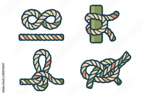 Nautical rope knots and coiled line icons set