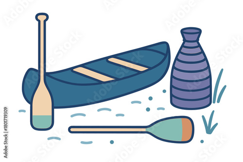 Canoe paddles and traditional sake bottle resting on the shore