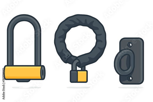 Set of security locks including U-lock, chain lock, and wall mount anchor