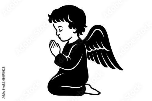 Kneeling cherub in profile silhouette with hands joined for prayer