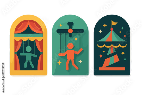 Set of three stylized icons representing theater performance and circus entertainment