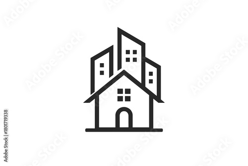 Minimalist outline combining house and modern city buildings for real estate