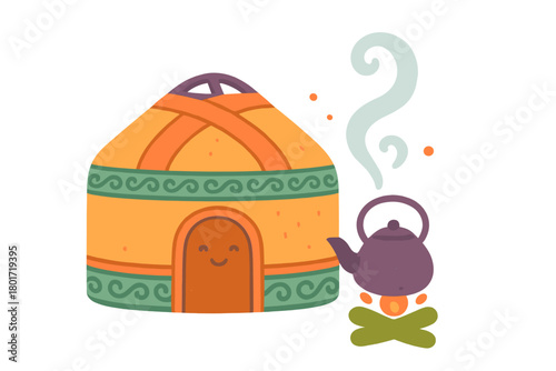 Cozy yurt dwelling with steaming kettle over open campfire