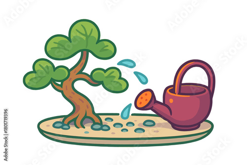 Stylized bonsai tree receiving water from a small garden can
