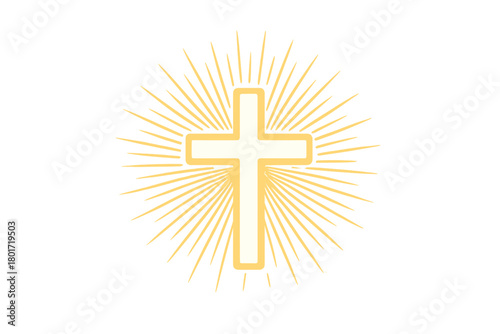 Shining Christian cross symbol with golden sunburst rays