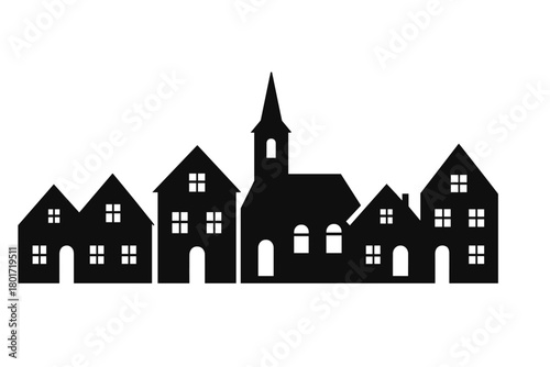 Small town skyline silhouette featuring church and residential buildings