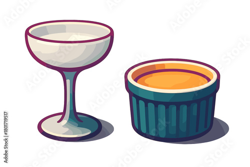 Elegant coupe glass with white drink beside baked dessert in ramekin