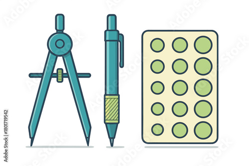 Mechanical drafting compass and blister pack of round items set