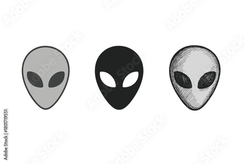 Three stylized alien head icons in flat and sketch design variations