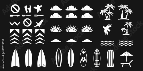 Collection of white summer vacation and beach icons on a black background including surfboards palm trees sun waves and clouds