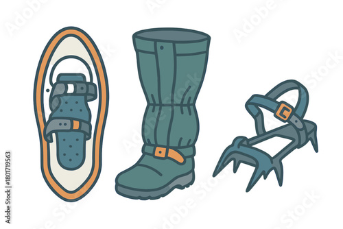 Essential winter hiking gear including snowshoe gaiter and metal crampons