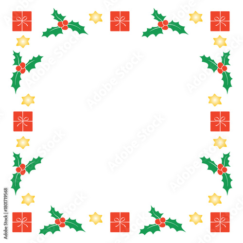 Vector frame of colorful festive Christmas symbols - presents, stars, holly berries. New year Xmas background, border for winter holidays decor, greeting cards