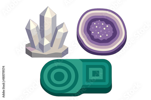 Stylized mineral and crystal icons featuring geometric shapes and facets
