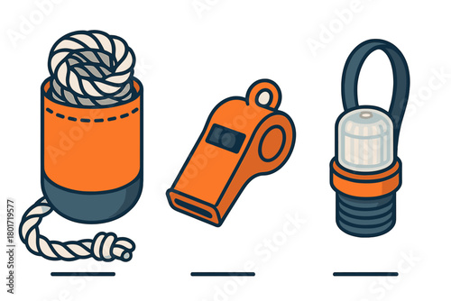 Essential orange and blue safety gear icons for outdoor rescue and survival