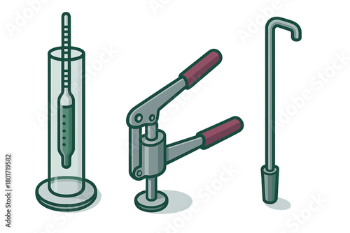Homebrewing and winemaking tools featuring hydrometer and bottle capper