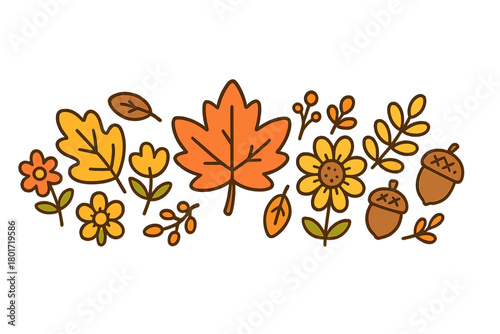 Stylized autumn harvest border featuring fall foliage and decorative flowers