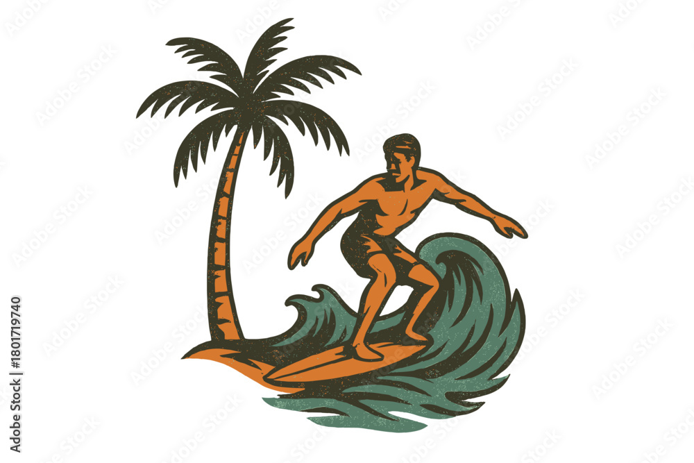 Obraz premium Man riding large ocean wave near tropical palm tree island