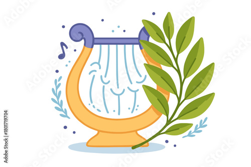 Ancient lyre musical instrument decorated with laurel branch