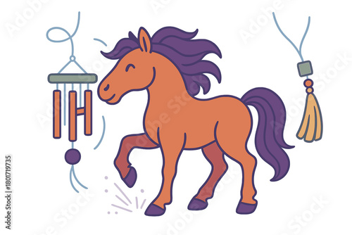 Stylized happy horse with decorative wind chime and tassel charm