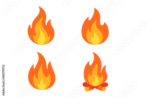 Stylized icons representing fire and campfire with vibrant orange and yellow flames