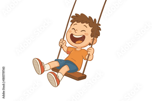Cheerful young boy having fun riding a wooden swing set outside