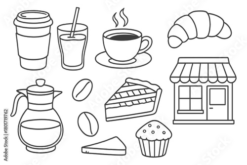 Assortment of coffee shop icons including beverages pastries and cafe outline elements